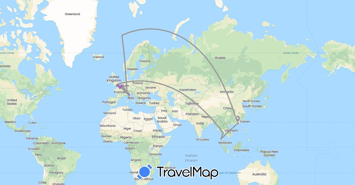 TravelMap itinerary: driving, plane, train in Belgium, China, France, United Kingdom, Italy, Thailand, Turkey (Asia, Europe)